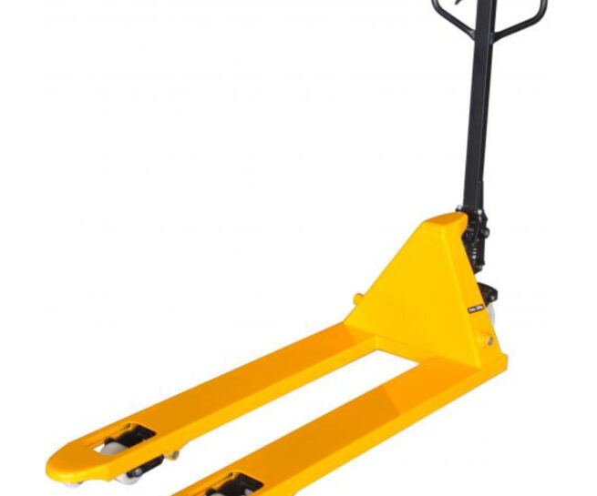 A yellow manual pallet jack with two forked arms and a black handle, used for lifting and moving pallets in warehouses or storage facilities.