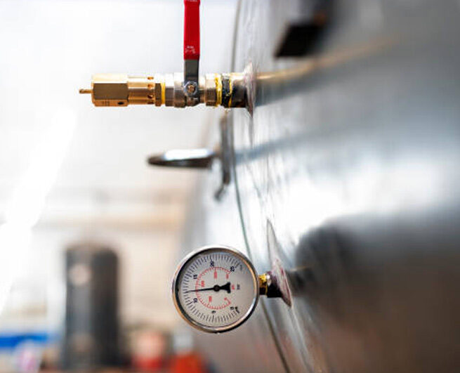 Close-up of a pressure gauge and valve attached to the side of a large metal tank in an industrial setting, with blurred equipment and PLC controls visible in the background.