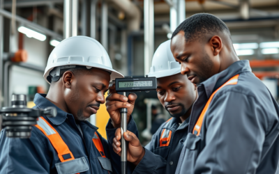 A group of men wearing hard hats and looking at a device.