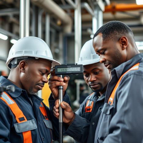 A group of men wearing hard hats and looking at a device.