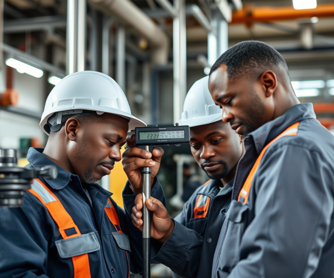 A group of men wearing hard hats and looking at a device.