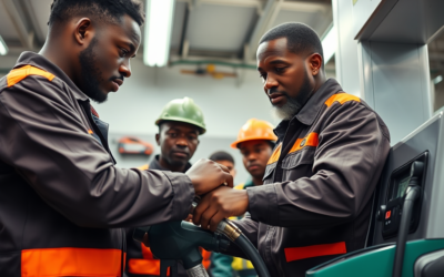 Two men in safety uniforms operate fuel equipment in an industrial setting, while two others in hard hats observe in the background, all focused on the task.