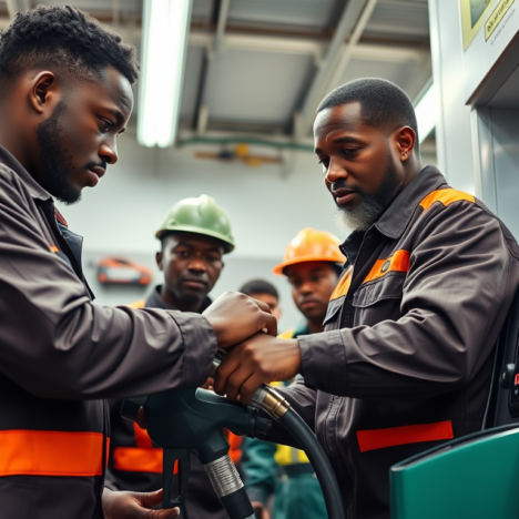 Two men in safety uniforms operate fuel equipment in an industrial setting, while two others in hard hats observe in the background, all focused on the task.