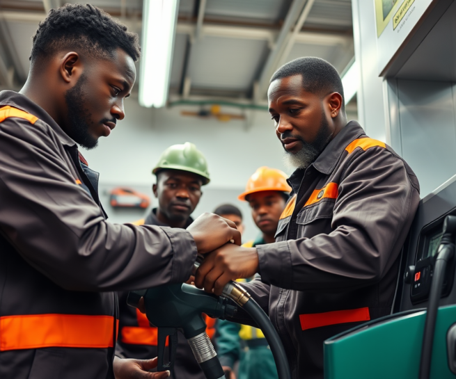 Two men in safety uniforms operate fuel equipment in an industrial setting, while two others in hard hats observe in the background, all focused on the task.