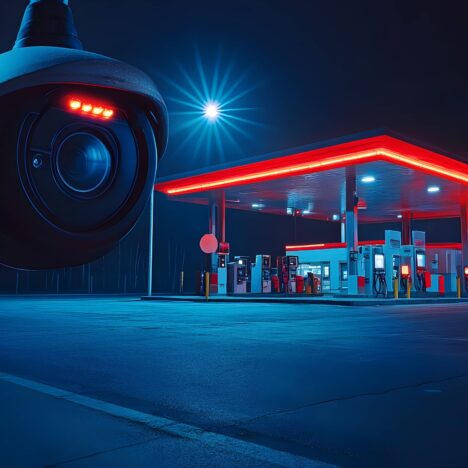 A large security camera hovers in the foreground, focused on a brightly lit gas station at night. The station glows with red lights, contrasting against the dark, blue-toned empty lot and surrounding darkness.