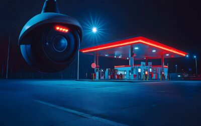 A large security camera hovers in the foreground, focused on a brightly lit gas station at night. The station glows with red lights, contrasting against the dark, blue-toned empty lot and surrounding darkness.
