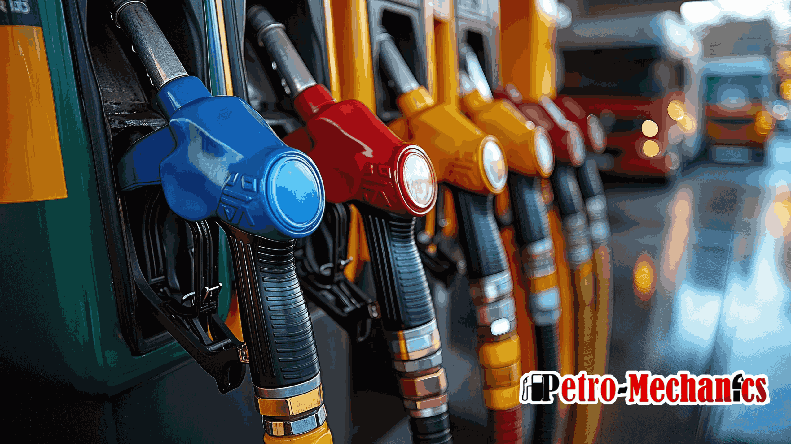 nozzles-petromechzw (2) A row of colorful fuel pump handles at a gas station, including blue, yellow, red, and orange nozzles. The logo Petro-Mechanics is visible in the lower right corner.