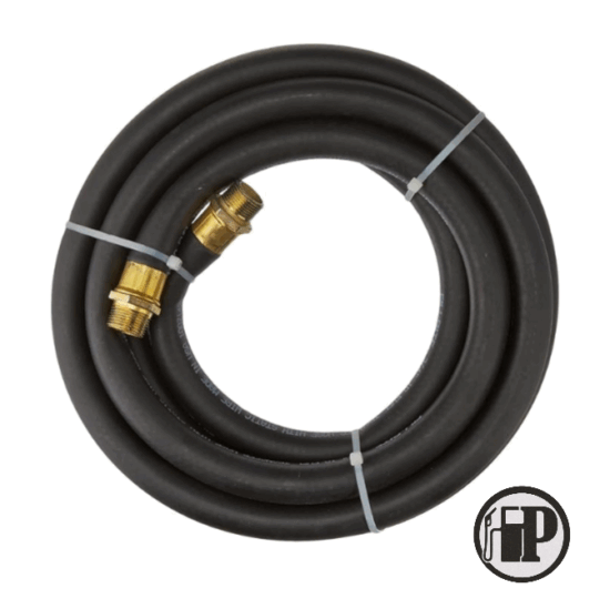 The Fuel Dispenser Hose ¾" – 4.1 Metres is a coiled black rubber hose with brass fittings at both ends, secured by three plastic zip ties, and a logo with the letters HP in the bottom right corner.