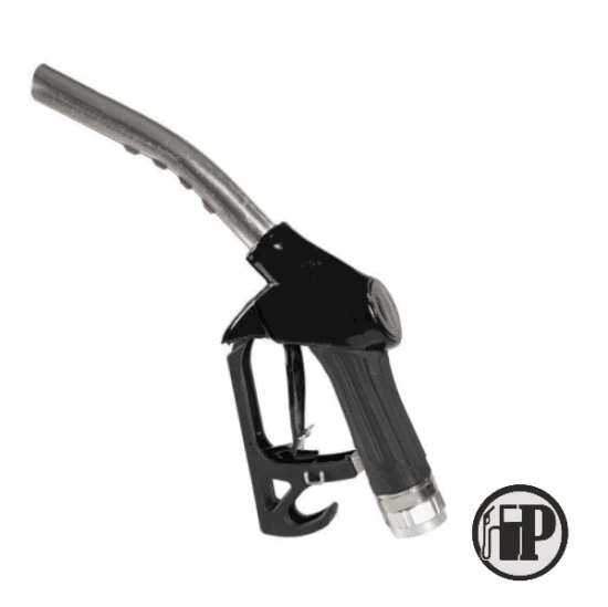 The ZVA Automatic Fuel Nozzle – 1 Inch, in black and silver with a curved spout, is displayed diagonally on a white background. The FP logo appears in the bottom right corner.