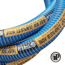2.5-inch-offloading-hose-petromechzw20250720_113949 Close-up of blue 2½" Composite Offloading Fuel Hoses for Tankers, featuring yellow FLEX CAPROTEC 40SE and ITALFLEX labels. A black and white circular logo is visible in the bottom right corner.