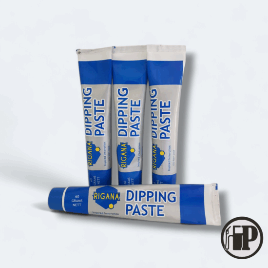 Four Rigana Dipping Paste 60g tubes—three upright, one lying in front—feature a white and blue design with yellow accents, bold Dipping Paste labeling, and a circular logo at the bottom right.