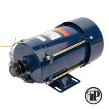 ex-proof-electric-motor-petromechzw20250720_115659 The Motor 56kw Dual Rotation is a blue electric motor with a mounting base, black pulley, and attached label, shown on a white background. The HP logo appears in the bottom right corner.