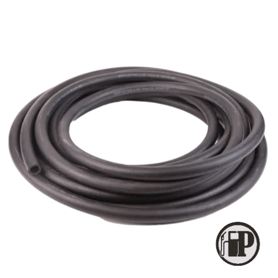 The Farm Fuel Hose ¾" – 3 Metres, made of black rubber, is shown coiled on a white background, featuring a visible logo in the bottom right corner.