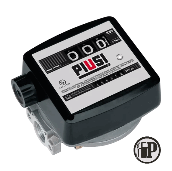 The K33 Mechanical Fuel Flow Meter – 3-Digit features a black and silver design, numeric display, label, and measures fuel volume in liters. The FP logo is visible in the bottom right corner.