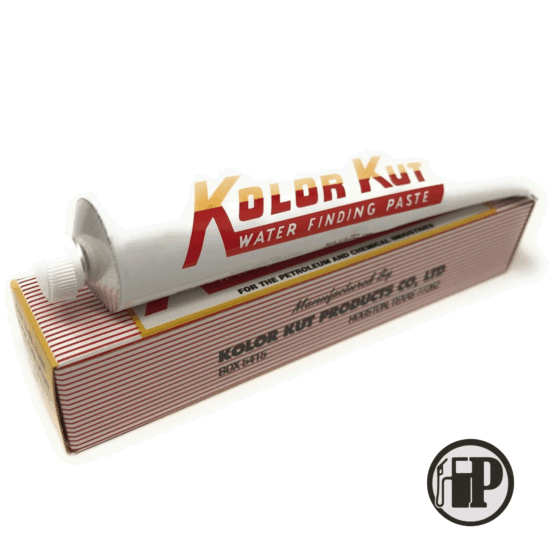 A tube of Kolor Kut Water Finding Paste (85g) sits on its striped box. The white tube features red and gold text. The HP logo is visible in the image's bottom right corner.