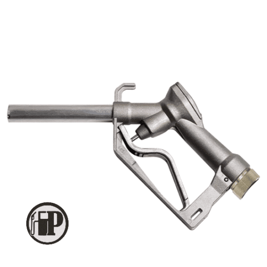 The SELF 2000 Manual Fuel Nozzle – 1 Inch features a metallic body, long spout, and ergonomic handle, shown on a white background. The bottom left corner displays a circular logo with "HP" and a fuel pump icon.