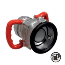 todo-female-coupling-petromechzw20250721_113625 The TODO 2½" Dry Break Coupling – Female features two red handles and a black-rimmed circular opening. Displayed at an angle on a white background, it includes a round FP logo in the bottom right corner.