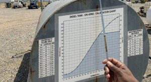 tank-with-dip-chart-overlay-petromechzw A hand holds a dipstick next to a diesel tank displaying a calibration chart with volume information in liters and gallons, and a graph correlating centimeters dipped with fuel volume. Industrial equipment is visible in the background.