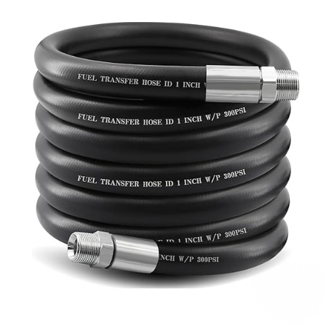A coiled black fuel transfer hose with metal connectors on both ends, ideal for fuel handling. The hose is labeled FUEL TRANSFER HOSE ID 1 INCH W/P 300PSI in white text along its length. Suitable for some hydraulic applications.