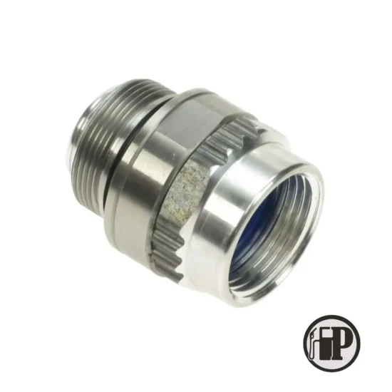 A close-up of a metal hydraulic fitting adapter with threaded ends, featuring a shiny silver finish and a gear-like middle section. The FP logo is displayed in the bottom right corner.