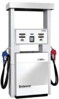 A modern white gas pump with hydraulic fuel handling features and two nozzles—one blue on the left and one red on the right—stands isolated against a white background. The display panel shows areas for fuel type, unit price, and total sale.