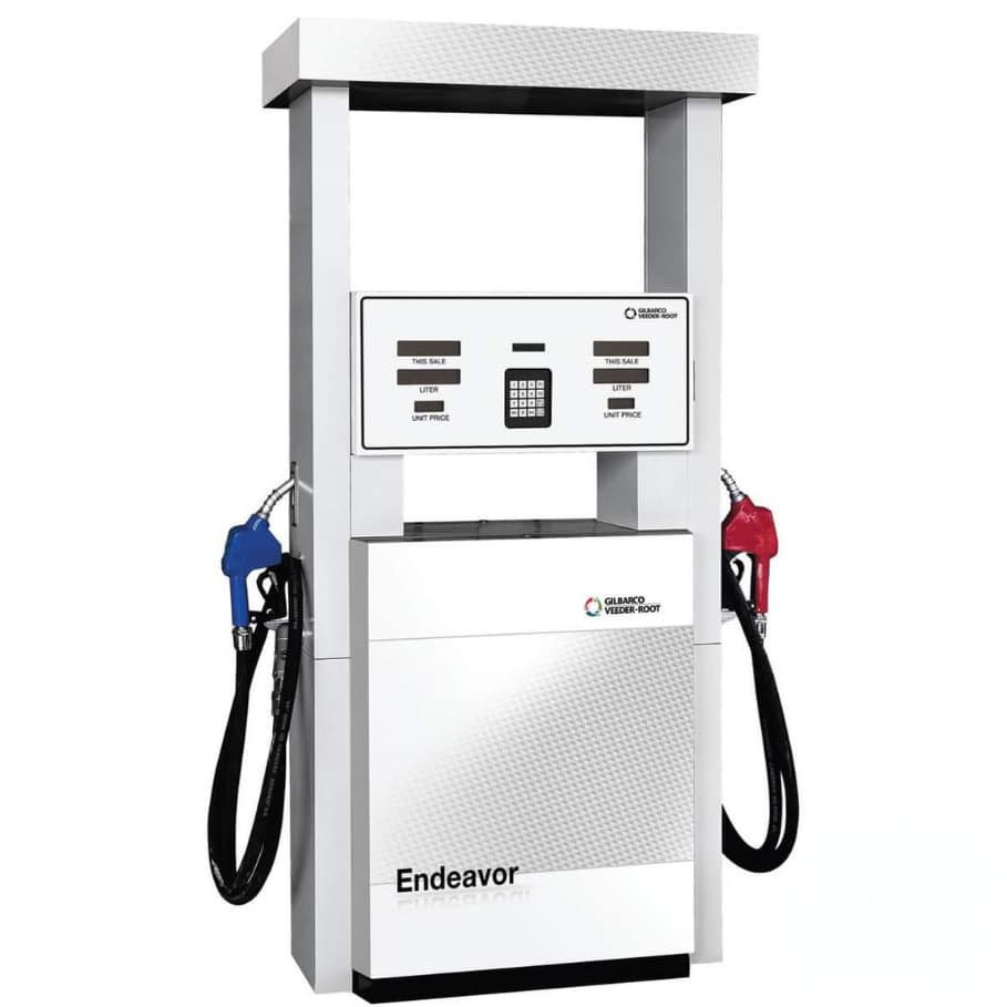 A modern white gas pump with hydraulic fuel handling features and two nozzles—one blue on the left and one red on the right—stands isolated against a white background. The display panel shows areas for fuel type, unit price, and total sale.