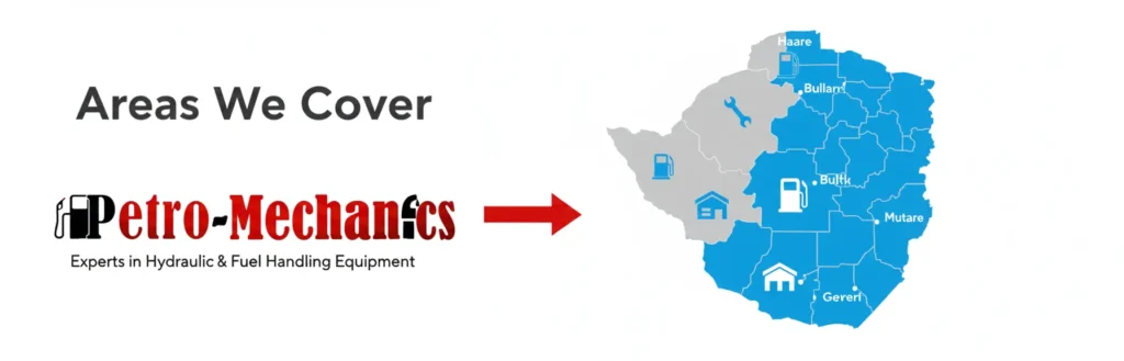 areas-we-cover-petromechzw. A map of Zimbabwe highlighting several blue provinces labeled with location icons, next to the text Areas We Cover and the Petro-Mechanics logo, with an arrow pointing to the map.