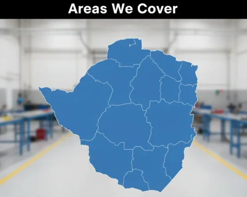 areas-we-service-petromechzw A blue map of Zimbabwe with provincial borders is centered on a blurred industrial workspace background. At the top, bold text reads Areas We Cover.