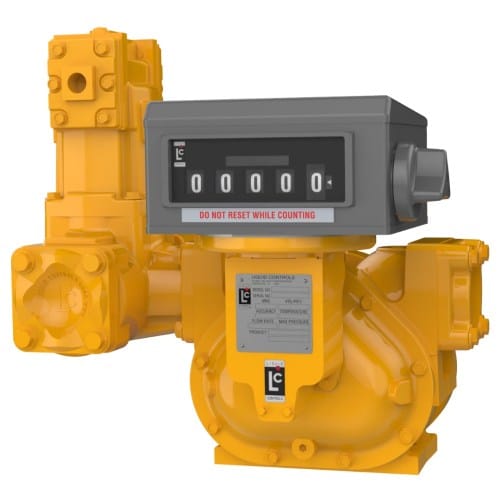 A yellow industrial flow meter with a gray digital display showing zeroes and a label that reads DO NOT RESET WHILE COUNTING. The device, designed for hydraulic or fuel handling systems, has various pipes and bolts attached.