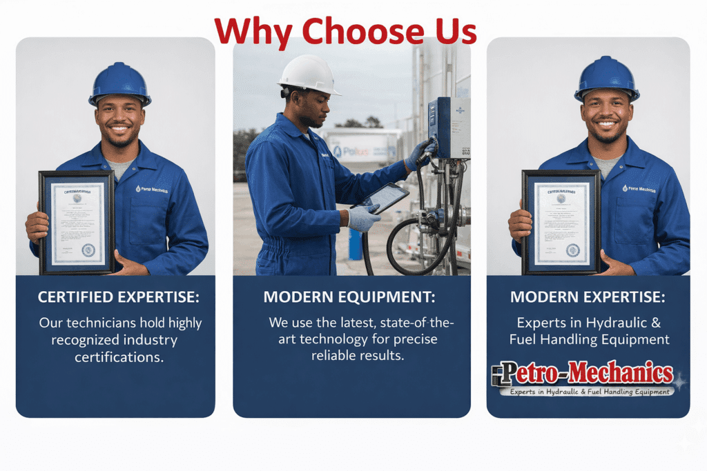 expertise-petromechzw Three images show Petro-Mechanics technicians in blue uniforms and hard hats: holding a certificate, using modern equipment, and holding a certificate. Text highlights their certified expertise and advanced technology.