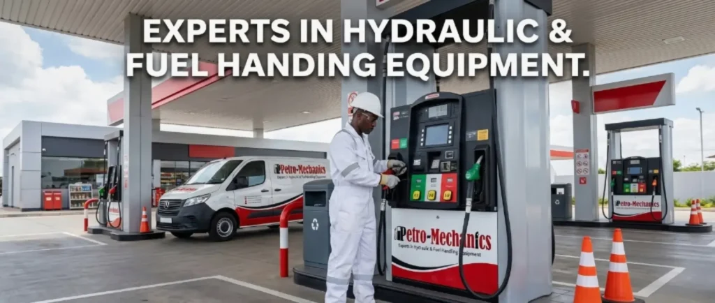 experts-petromechzw A person in white protective gear operates a fuel pump at a modern gas station. A Petro-Mechanics van and more fuel pumps are visible in the background. Text reads: EXPERTS IN HYDRAULIC & FUEL HANDING EQUIPMENT.