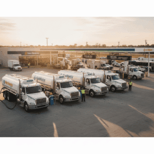 fleet-petromechzw Six white fuel delivery trucks are parked in front of a Fuelmatics gas station at sunset. Several workers in yellow vests are standing near the trucks, and the station building is visible in the background.