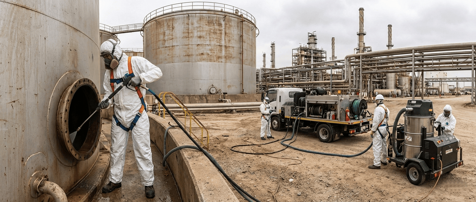 Workers in hazmat suits clean large industrial storage tanks at a refinery using hoses and vacuum equipment; trucks and tanks are visible in the background under a cloudy sky.
