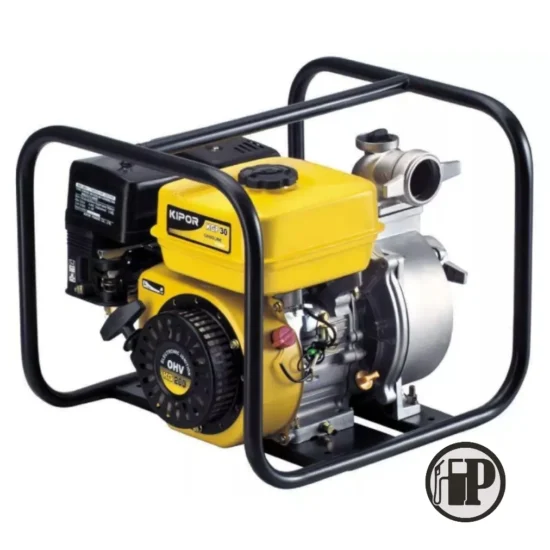 A yellow and black portable generator or water pump with a metal frame, labeled Kipor KGP30, featuring a fuel tank, engine, and pump outlet, with a circular FP logo in the bottom right corner.
