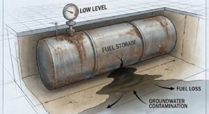 leaking-tank-petromechzw Illustration of an underground fuel storage tank with a crack leaking fuel into the ground, causing fuel loss and groundwater contamination. A gauge on top shows a low level. Arrows label the leaks environmental impacts.
