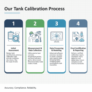 our-calibration-process-petromechzw Infographic titled Our Tank Calibration Process with four steps: Initial Assessment, Measurement & Data Collection, Data Processing & Modeling, and Final Certification & Reporting. Each step has an icon and description below.