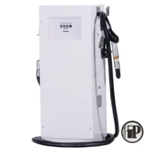 A white industrial fuel dispenser with a hose and nozzle attached on the side, a display screen at the top, and a circular logo with the letters FP in the bottom right corner.