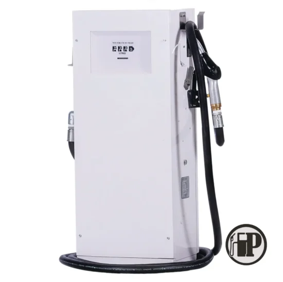 A white fuel dispenser with a digital display and two black hoses, one hanging on each side. The unit is freestanding, and the Fuelworks logo is visible in the bottom right corner.
