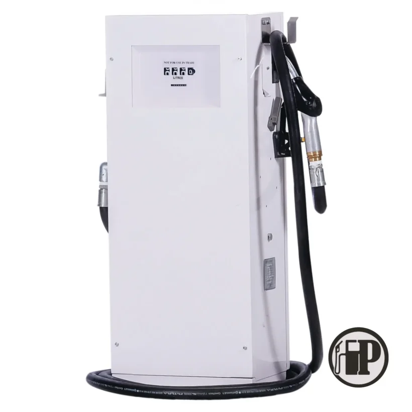 A white fuel dispenser with a digital display and two black hoses, one hanging on each side. The unit is freestanding, and the Fuelworks logo is visible in the bottom right corner.