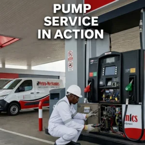 pump-service-petromechzw A technician in white coveralls and a hard hat repairs a gas pump at a petrol station, with a service van labeled Petro-Mechanics parked nearby. Text reads: Pump Service In Action.