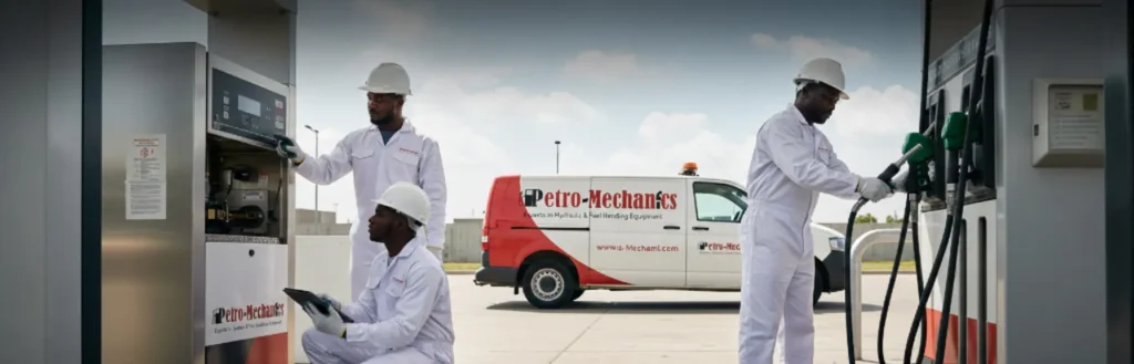 pump-service-petromechzw-scaled Three workers in white coveralls and hard hats service fuel pumps at a gas station, with a Petro-Mechanarx service van parked in the background under a partly cloudy sky.