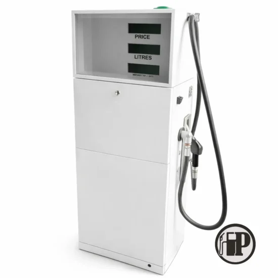 A white fuel pump with a digital display showing PRICE and LITRES and a black fuel nozzle attached. The FP logo is visible in the bottom right corner.