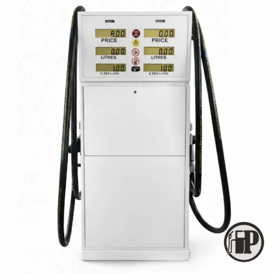 A white vintage fuel pump with two black hoses, four digital display panels showing zeros, and several warning labels. The FP logo is in the lower right corner. The background is plain white.