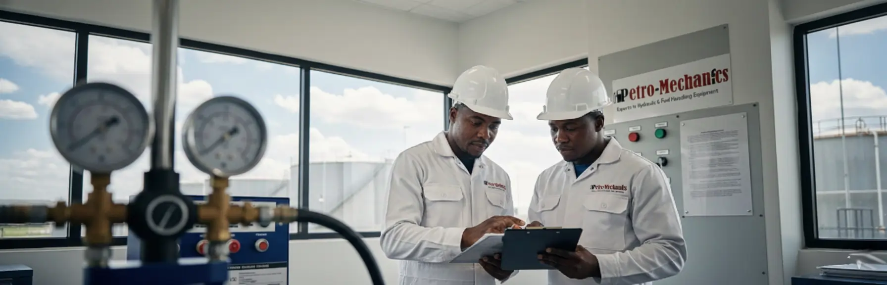 Two engineers in white lab coats and hard hats review notes on a clipboard in a laboratory with gauges and Petro-Mechanics equipment in the background. Large windows show an industrial facility outside.
