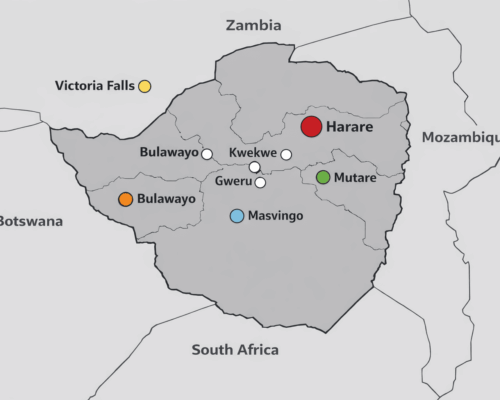 zimbabwe-map-petromechzw Map of Zimbabwe with labeled neighboring countries and six cities marked by colored dots: Harare (red), Mutare (green), Masvingo (blue), Bulawayo (orange), Victoria Falls (yellow), and Gweru (white).